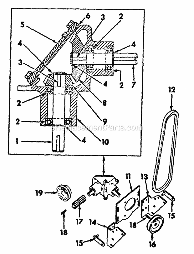 Front Power Take-Off -90 Degree Gear Box Diagram and Parts List for 122  Cub Cadet Lawn Tractor